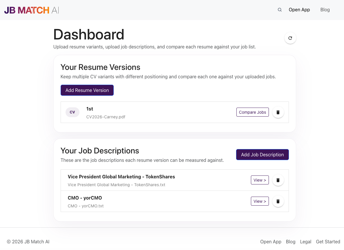 JB Match AI dashboard preview